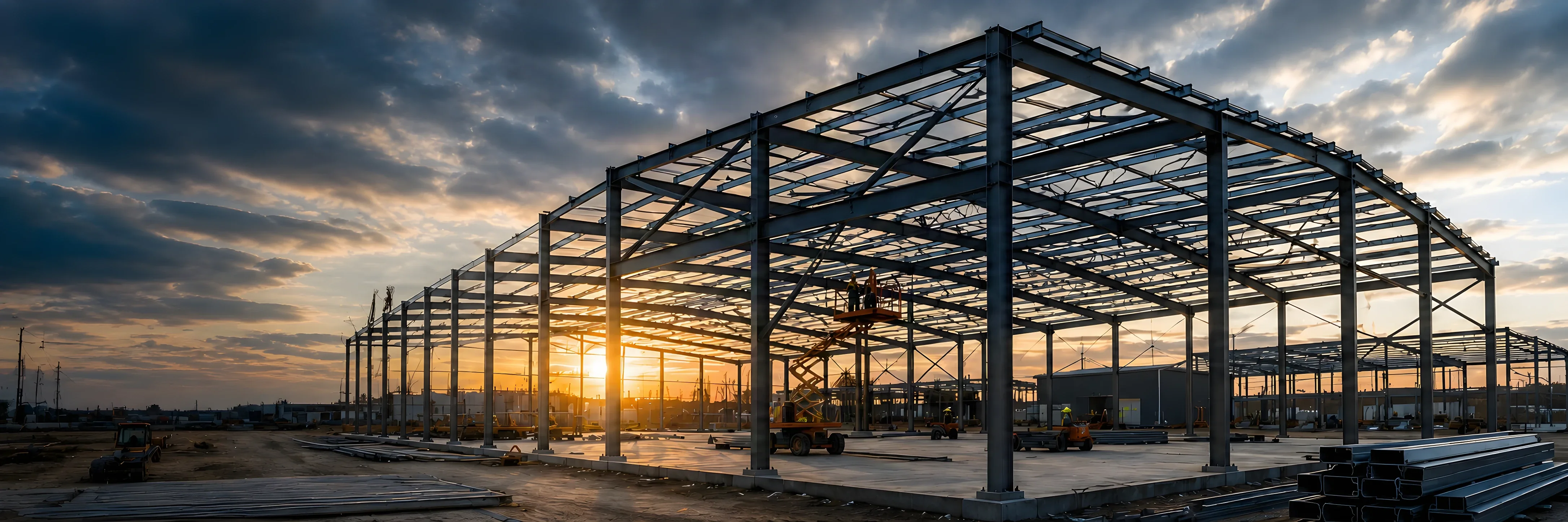 Estructura metálica de un galpón industrial en montaje, a contraluz durante el atardecer