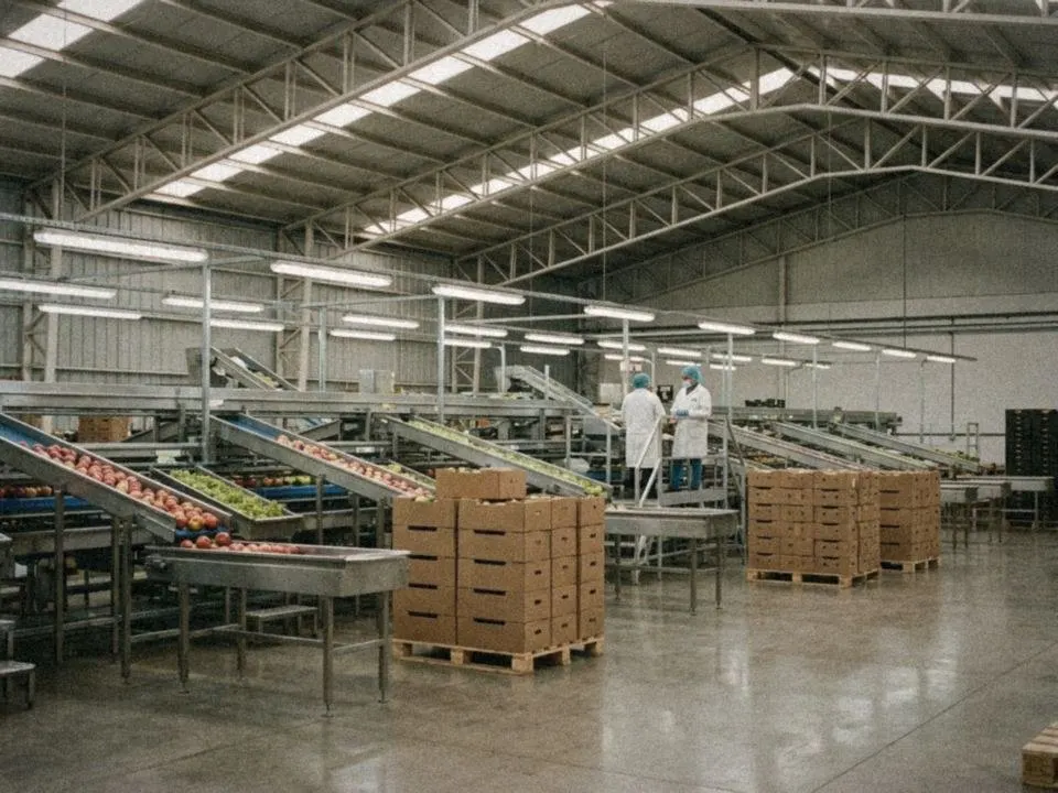 Nave de packing de fruta con estructura de acero y línea de selección